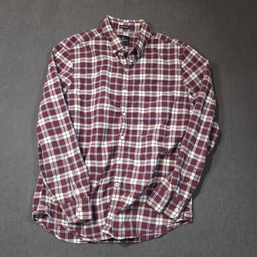 American Eagle Flannel Shirt Mens Large Maroon Plaid Seriously Soft Button Down